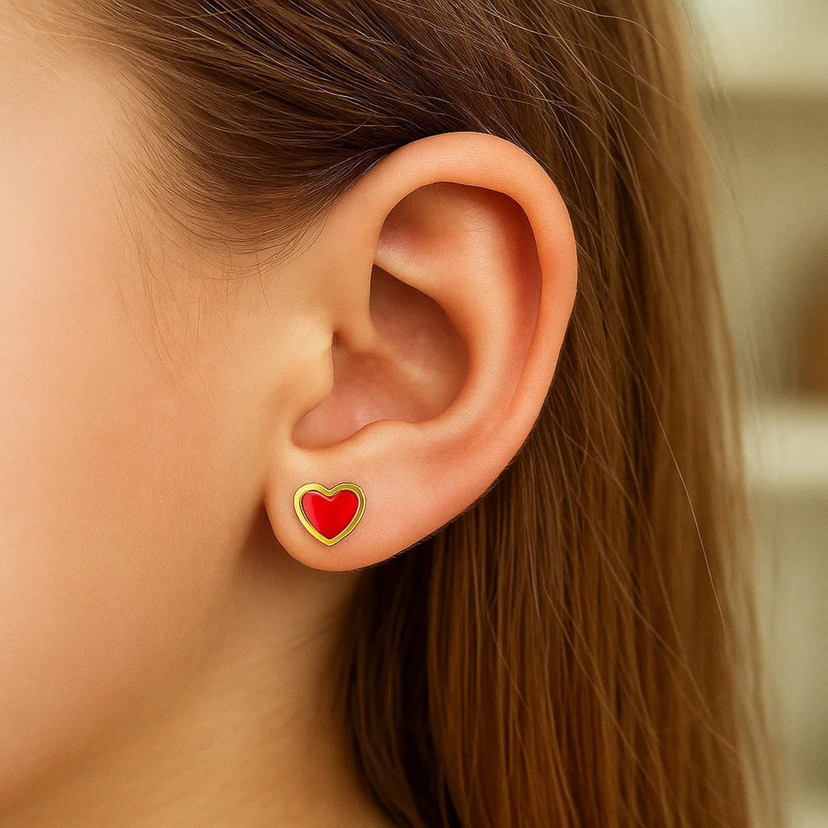 14k Yellow Gold and Enamel Red Heart Stud Earrings - LinkagejewelrydesignLinkagejewelrydesign