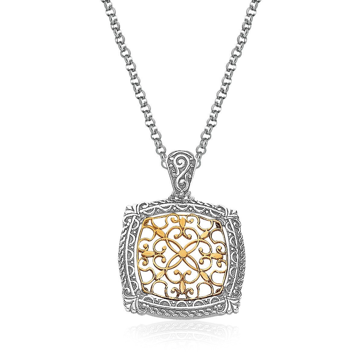 14K Yellow Gold and Sterling Silver Antique Inspired Necklace with a Square Filigree Pendant - LinkagejewelrydesignLinkagejewelrydesign