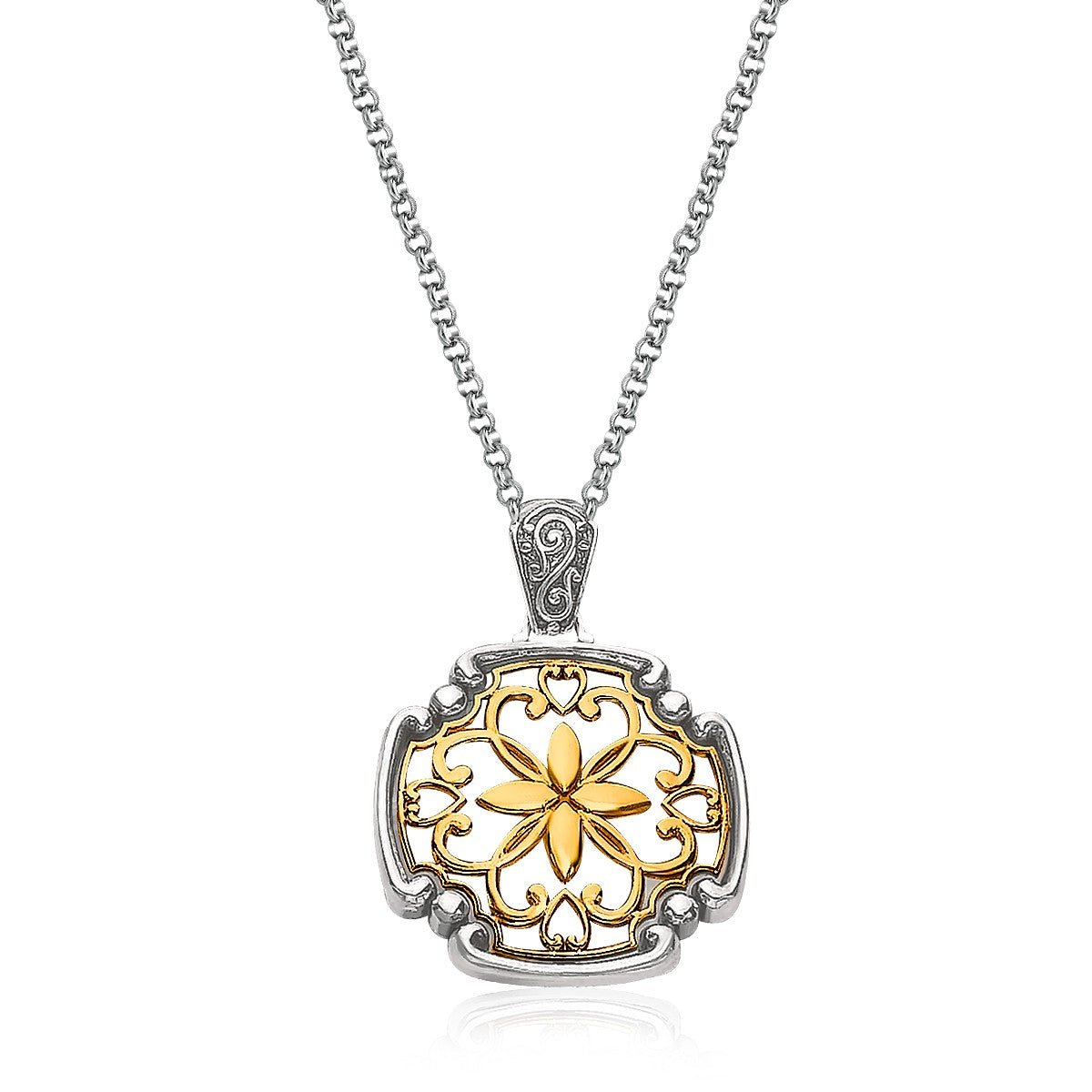 14K Yellow Gold and Sterling Silver Necklace with a Vintage Inspired Pendant - LinkagejewelrydesignLinkagejewelrydesign