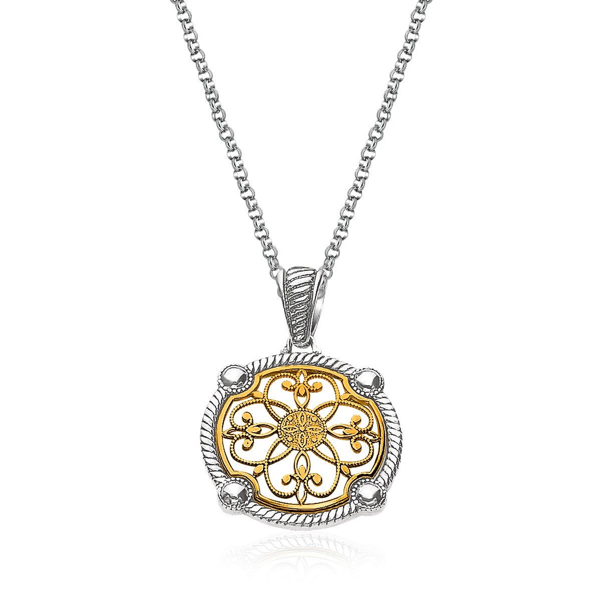 14K Yellow Gold and Sterling Silver Necklace with Fancy Floral Filigree Pendant - LinkagejewelrydesignLinkagejewelrydesign