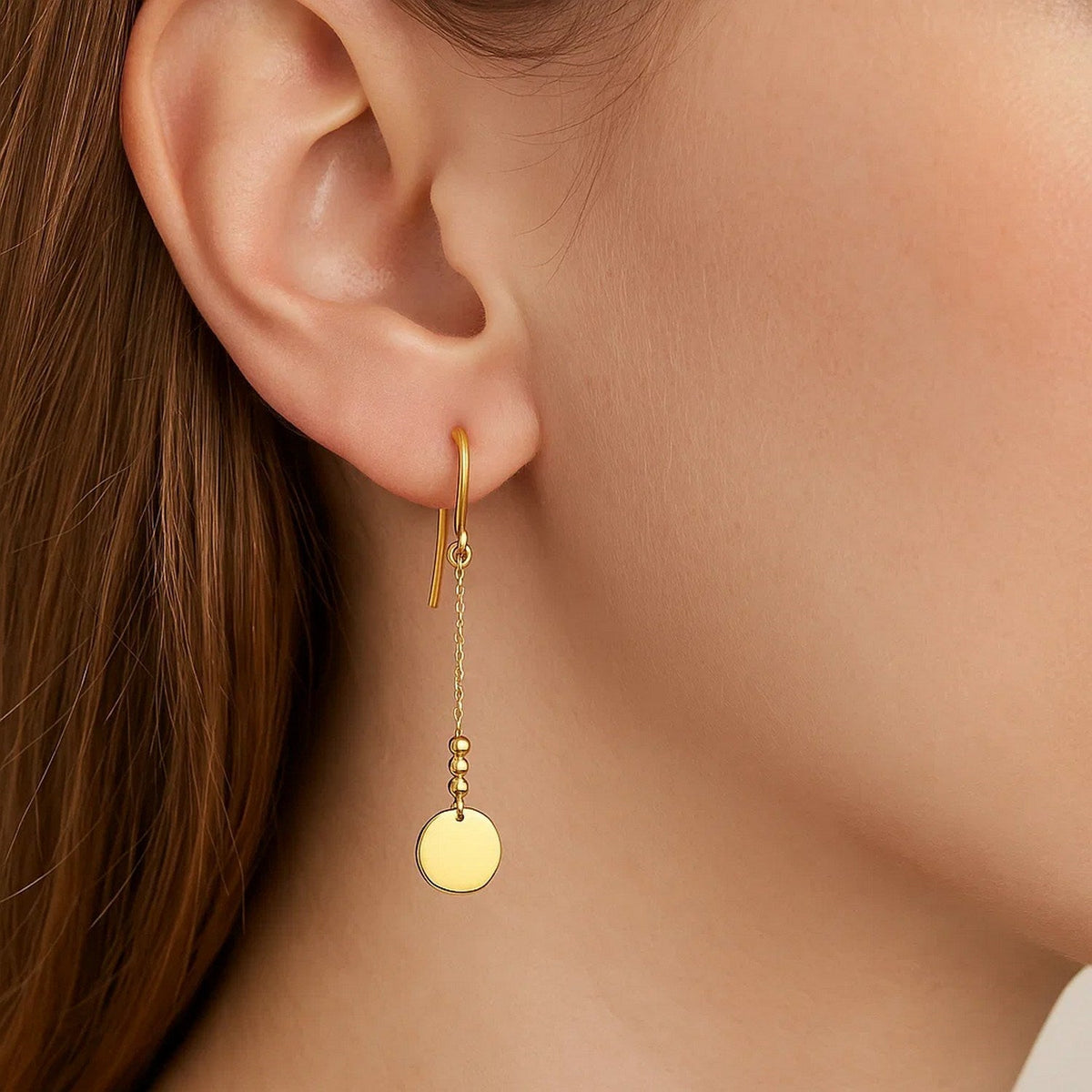 14k Yellow Gold Bead and Shiny Disc Drop Earrings - LinkagejewelrydesignLinkagejewelrydesign