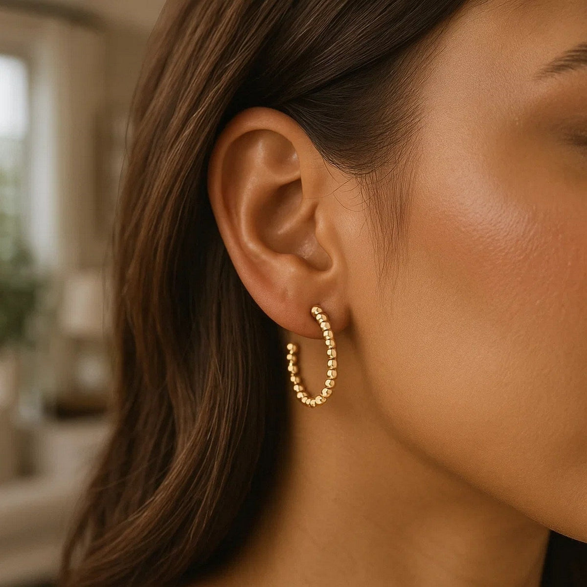 14K Yellow Gold Bead Hoop Earrings - LinkagejewelrydesignLinkagejewelrydesign