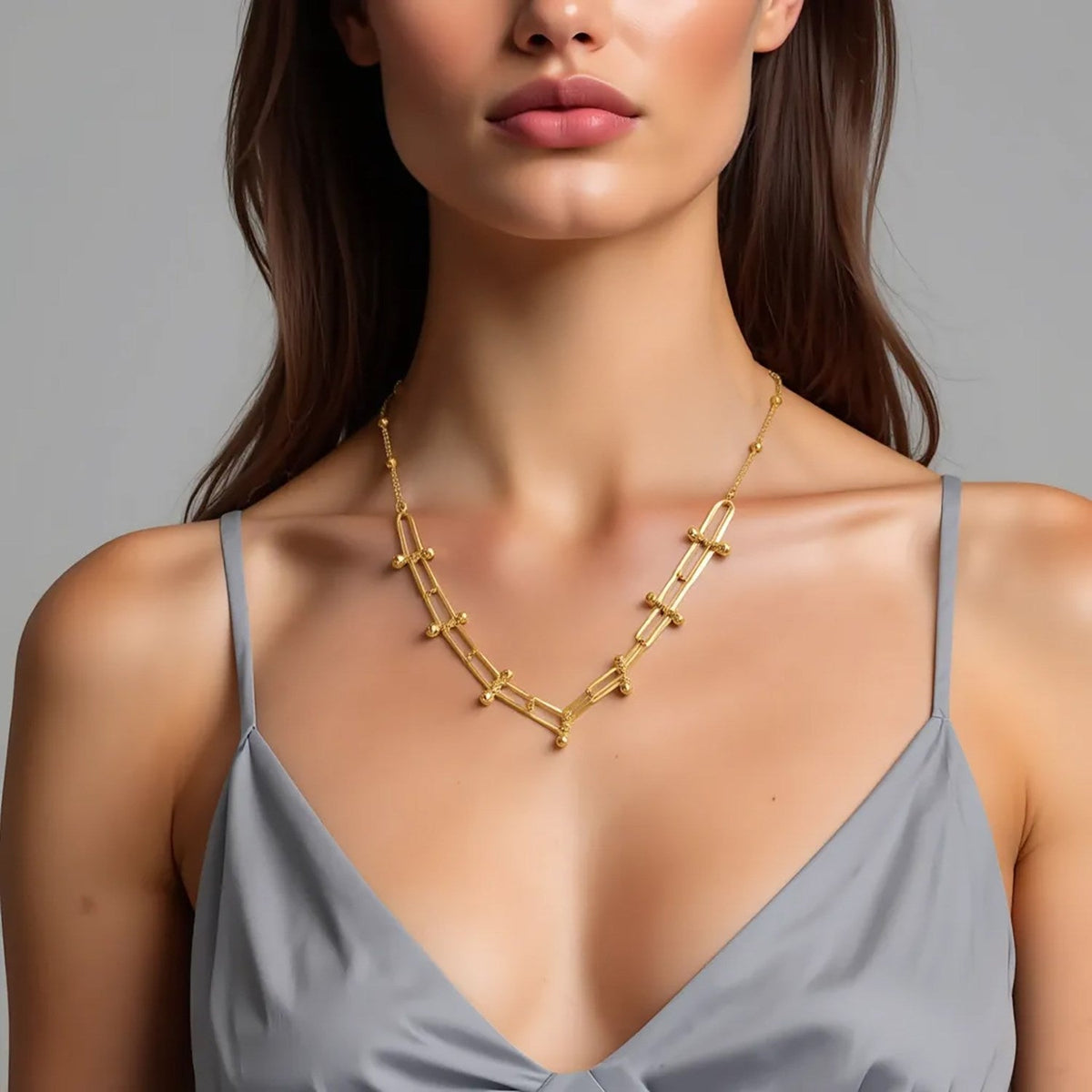 14k Yellow Gold Beaded U Link Chain Necklace - LinkagejewelrydesignLinkagejewelrydesign
