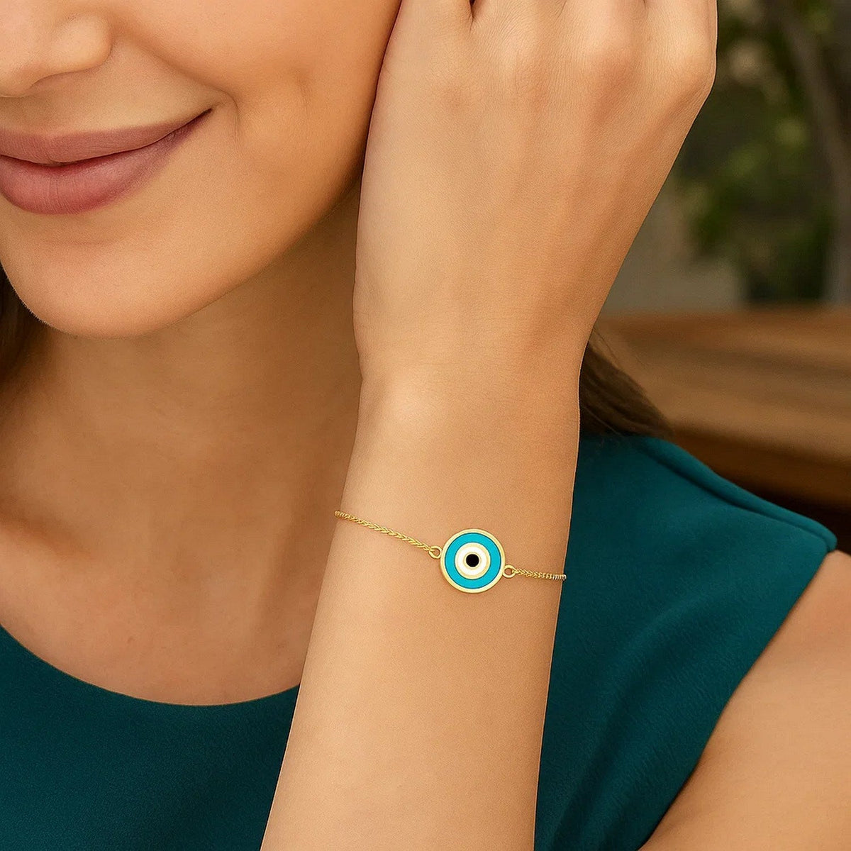 14k Yellow Gold Blue Evil Eye Bracelet (1.00 mm) - LinkagejewelrydesignLinkagejewelrydesign