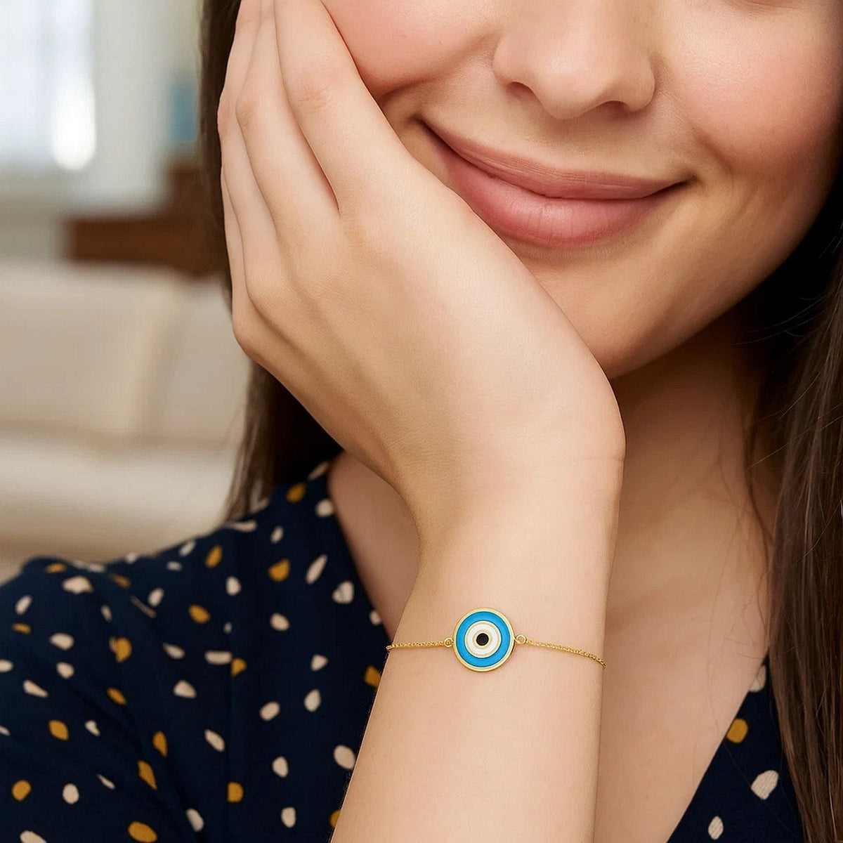 14k Yellow Gold Blue Evil Eye Bracelet (1.00 mm) - LinkagejewelrydesignLinkagejewelrydesign