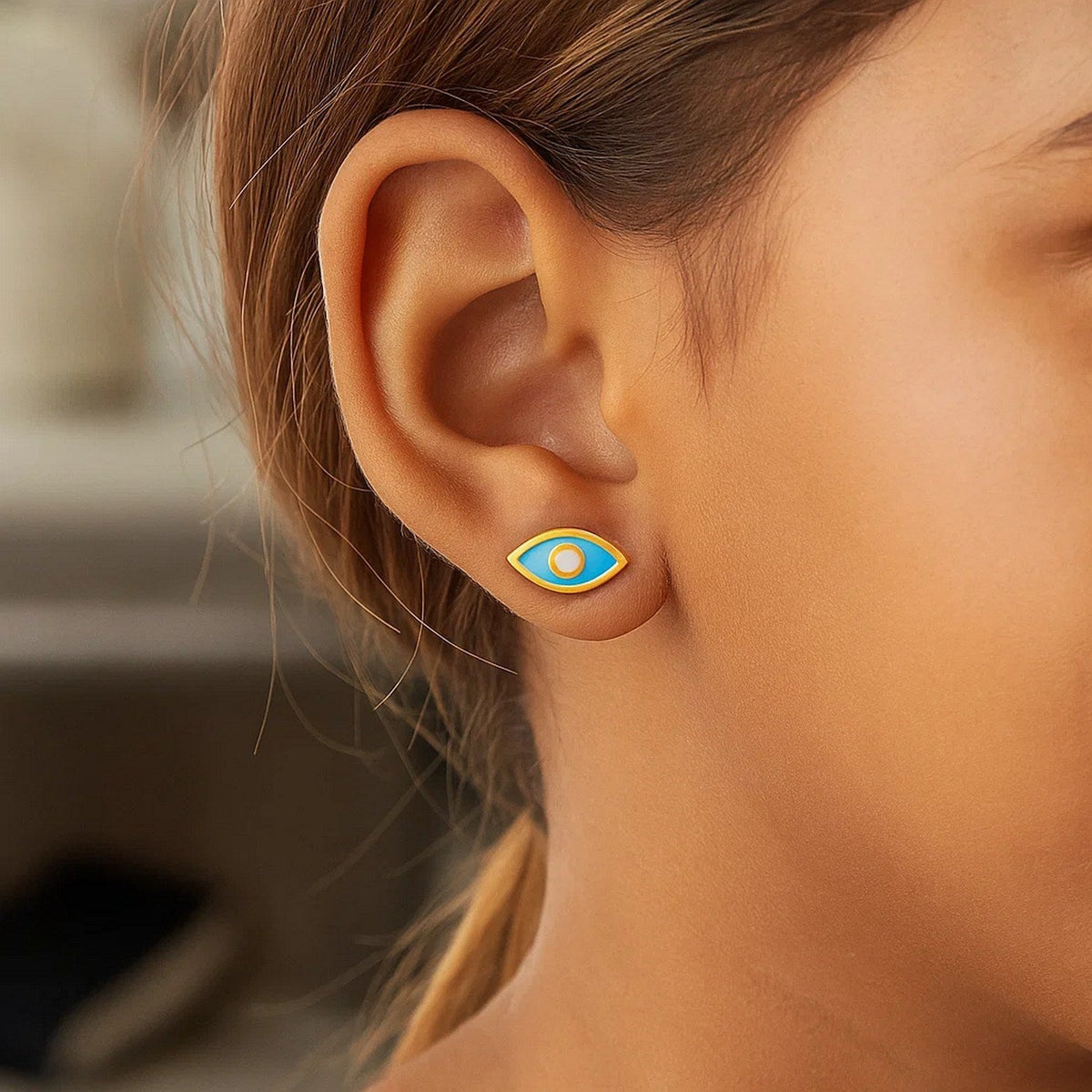 14K Yellow Gold Blue Evil Eye Earrings with Enamel - LinkagejewelrydesignLinkagejewelrydesign