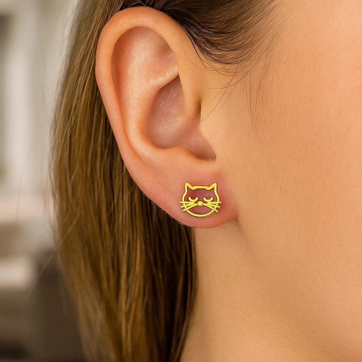 14K Yellow Gold Cat Head Earrings - LinkagejewelrydesignLinkagejewelrydesign