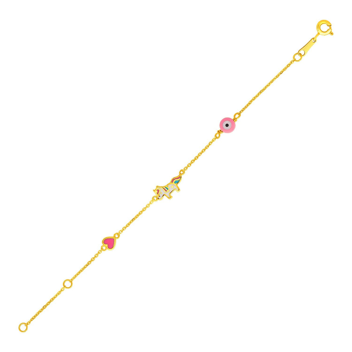 14k Yellow Gold Childrens Bracelet with Enameled Heart Unicorn and Circle - LinkagejewelrydesignLinkagejewelrydesign