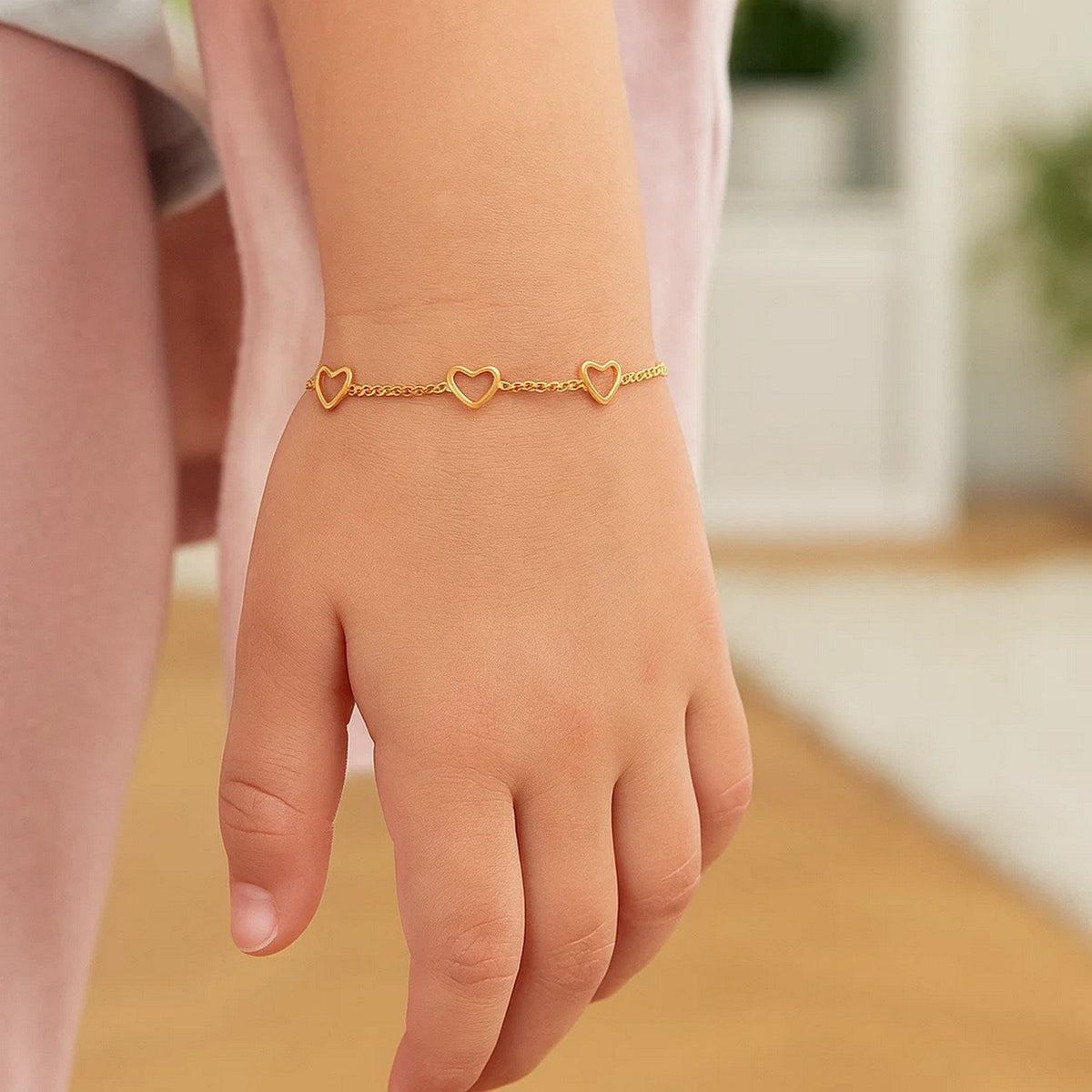 14k Yellow Gold Childrens Bracelet with Hearts - LinkagejewelrydesignLinkagejewelrydesign