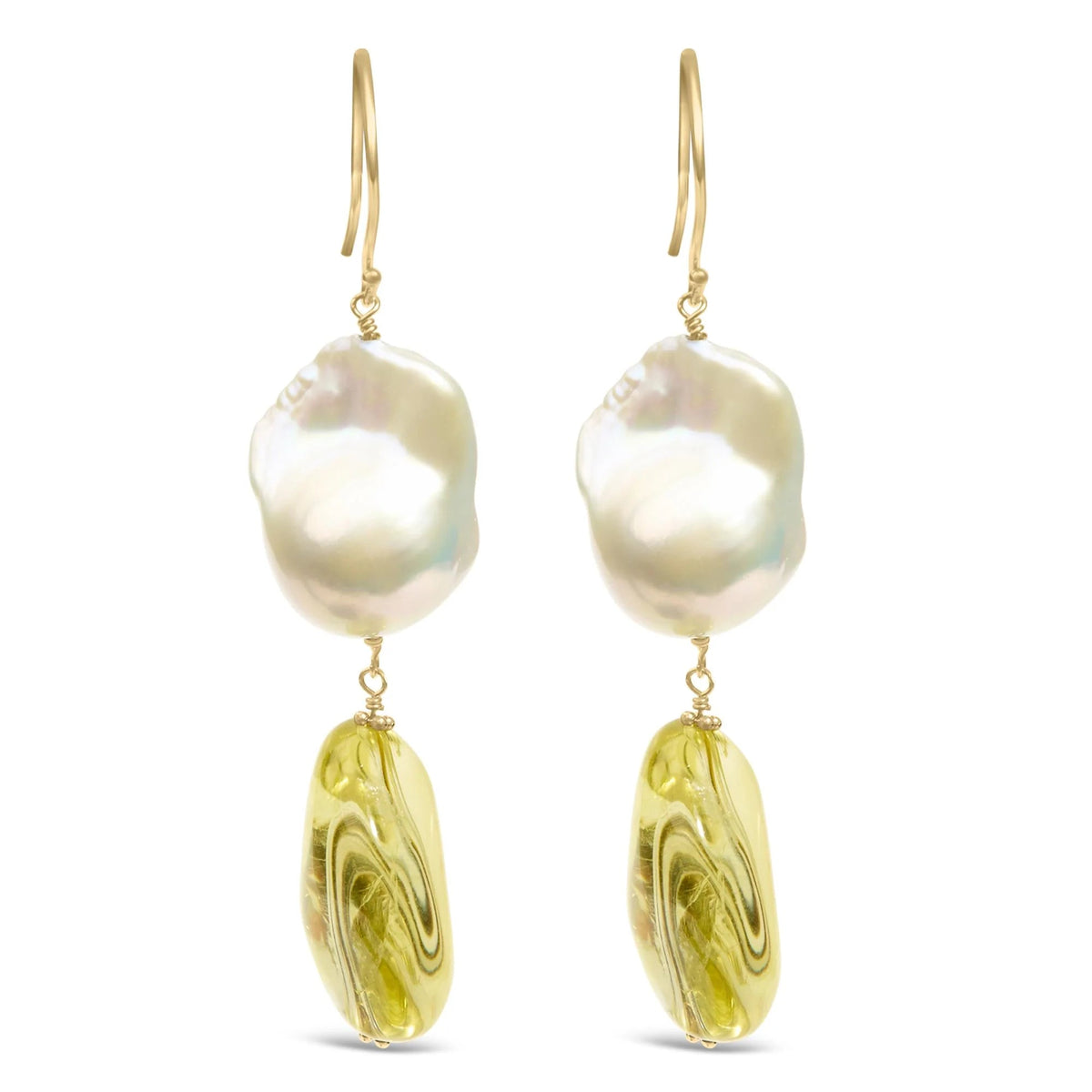 14K Yellow Gold Citrine and Baroque Pearl Drop and Dangle Earrings 1 3/4 Inch Dangle - LinkagejewelrydesignLinkagejewelrydesign