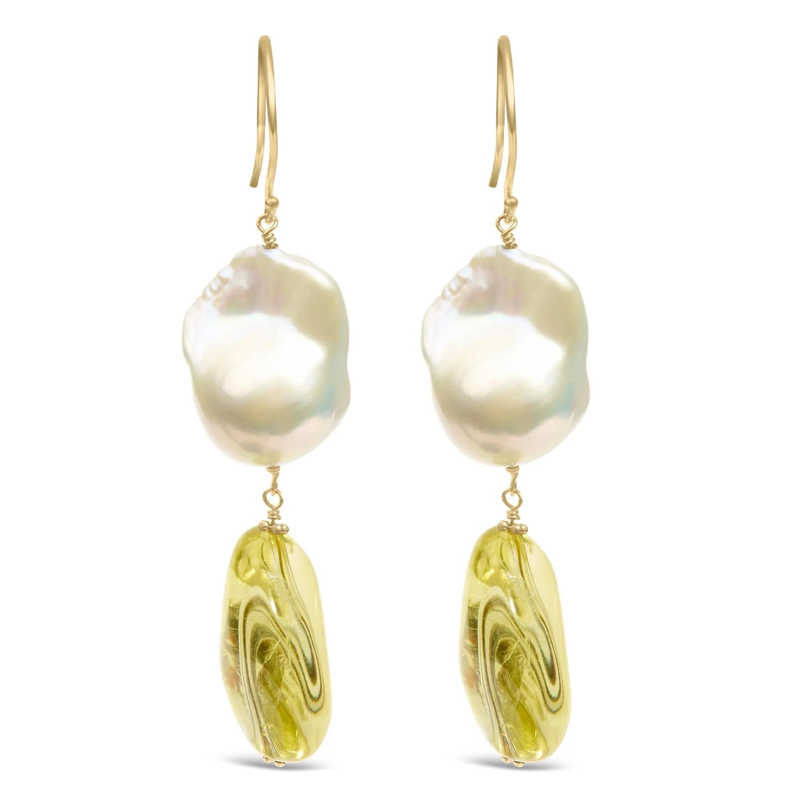 14K Yellow Gold Citrine and Baroque Pearl Drop and Dangle Earrings 1 3/4 Inch Dangle - LinkagejewelrydesignLinkagejewelrydesign