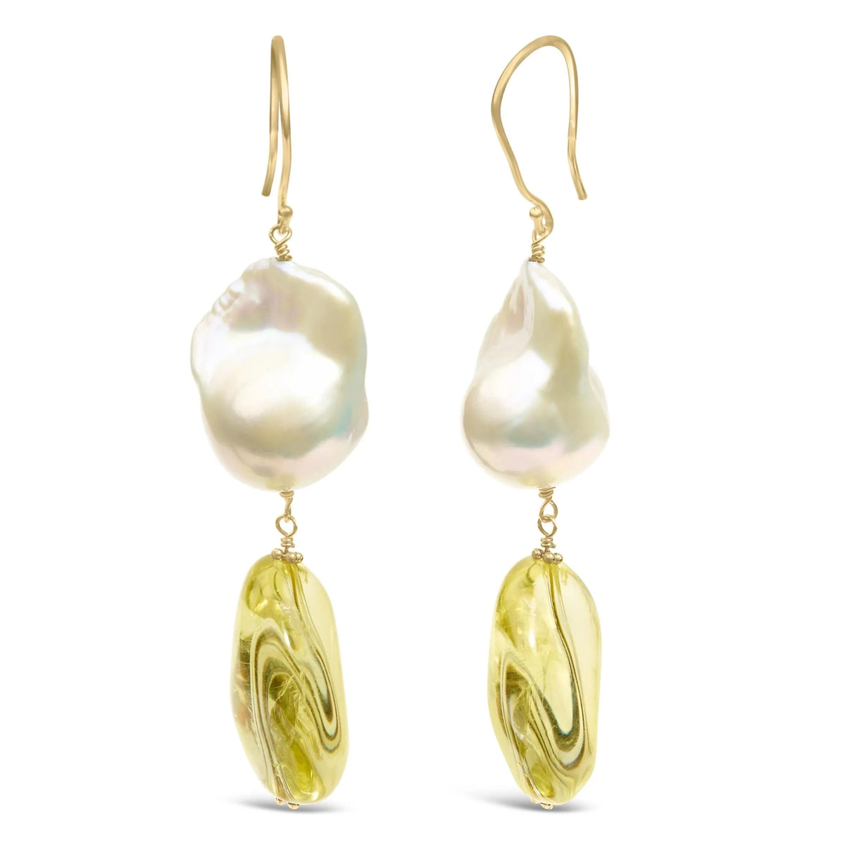 14K Yellow Gold Citrine and Baroque Pearl Drop and Dangle Earrings 1 3/4 Inch Dangle - LinkagejewelrydesignLinkagejewelrydesign