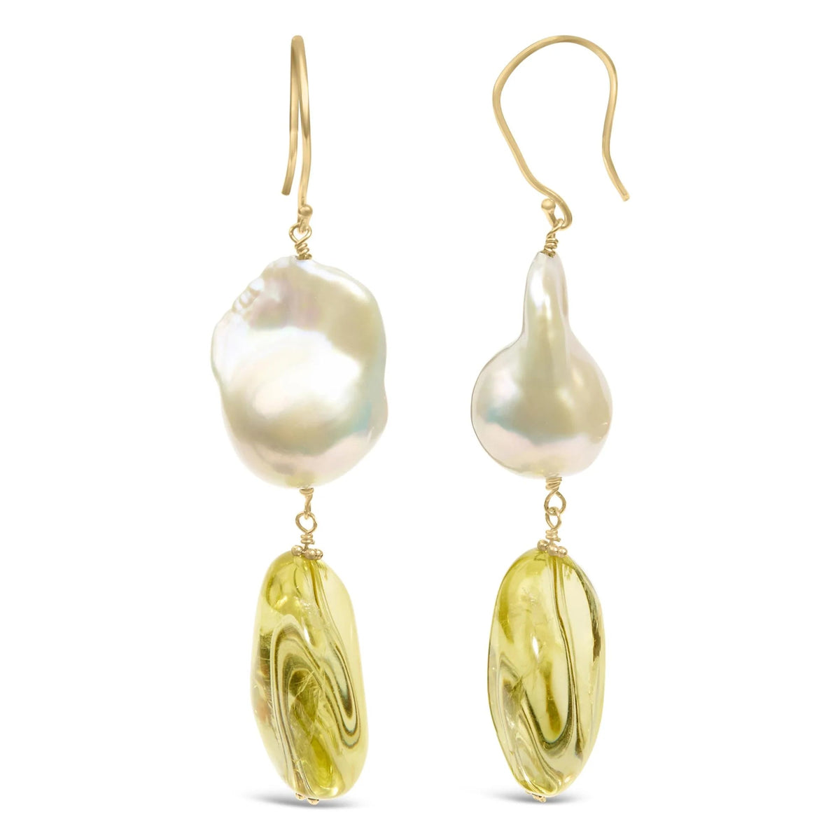14K Yellow Gold Citrine and Baroque Pearl Drop and Dangle Earrings 1 3/4 Inch Dangle - LinkagejewelrydesignLinkagejewelrydesign