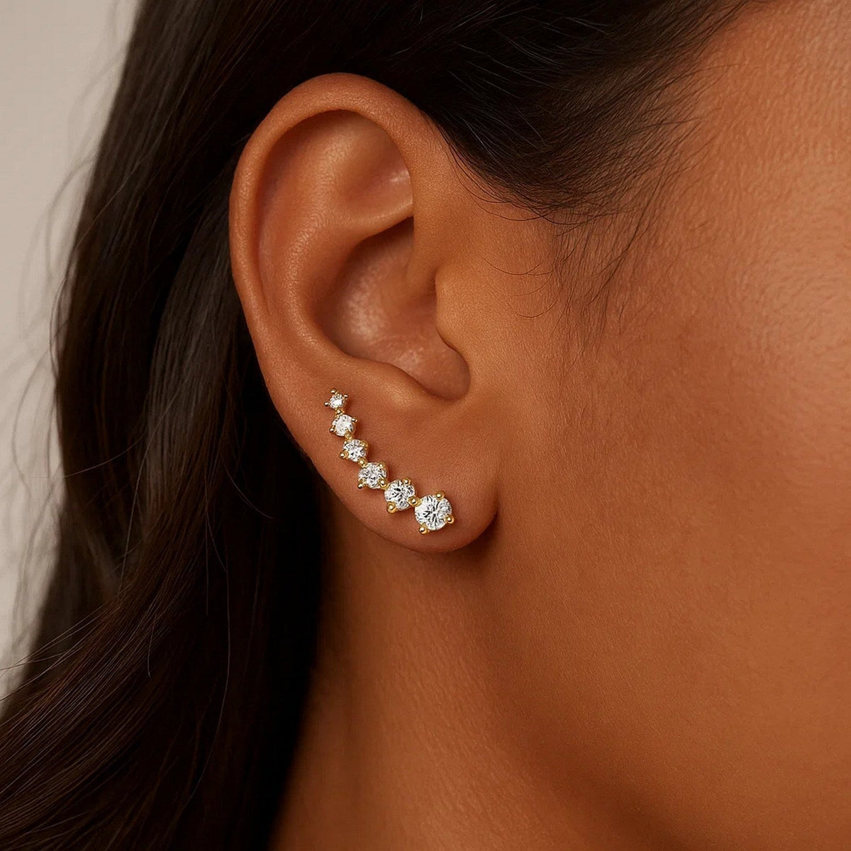 14k Yellow Gold Climber Post Earrings with Cubic Zirconias - LinkagejewelrydesignLinkagejewelrydesign