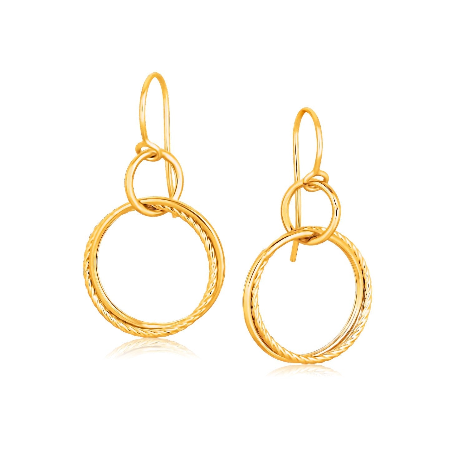 14K Yellow Gold Dangling Earrings with Textured Interwoven Rings - LinkagejewelrydesignLinkagejewelrydesign