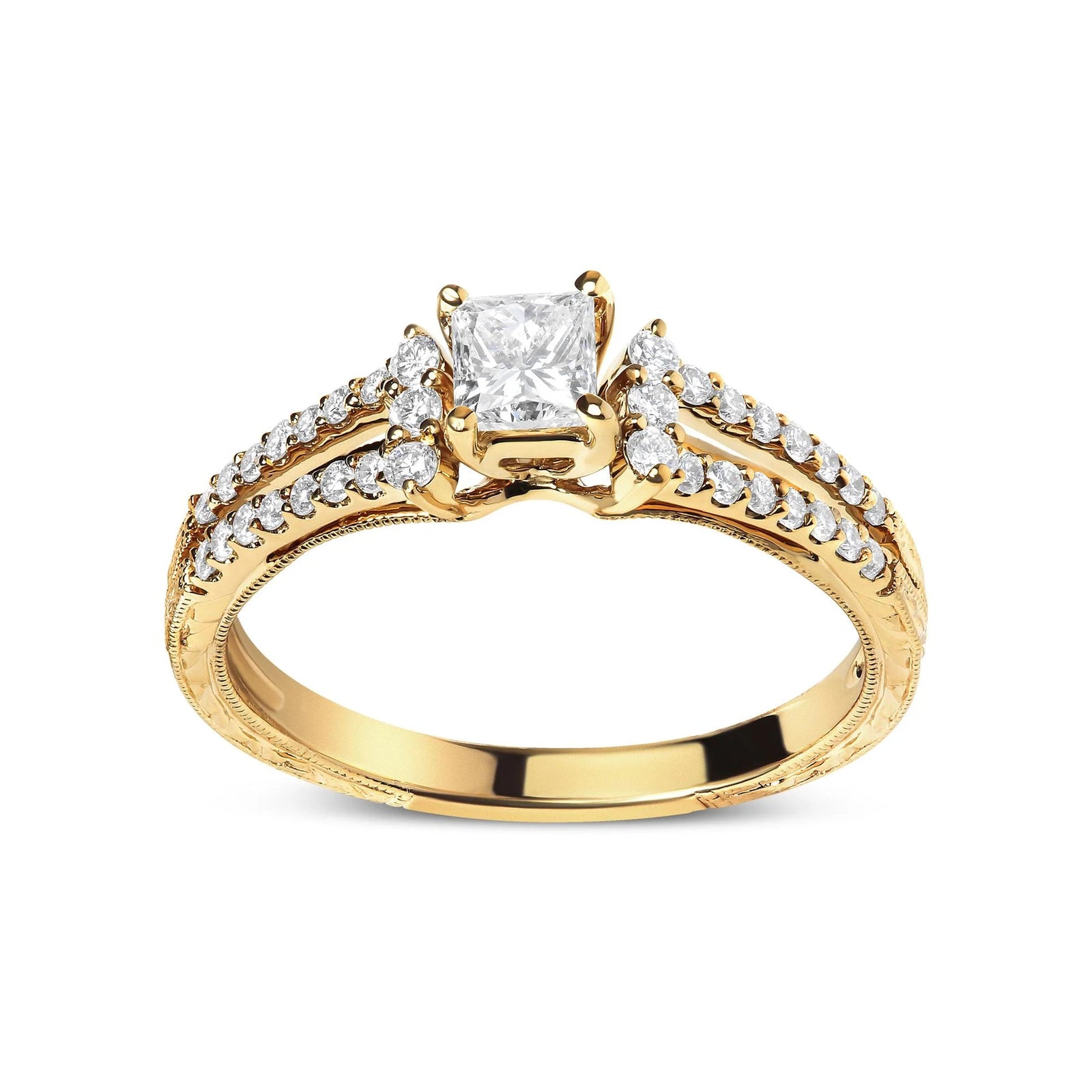 14K Yellow Gold Diamond 5/8 Cttw Princess Diamond Split Shank and Milgrain Engagement Ring (G - H Color, VS2 - SI1 Clarity) - Size 7 - LinkagejewelrydesignLinkagejewelrydesign
