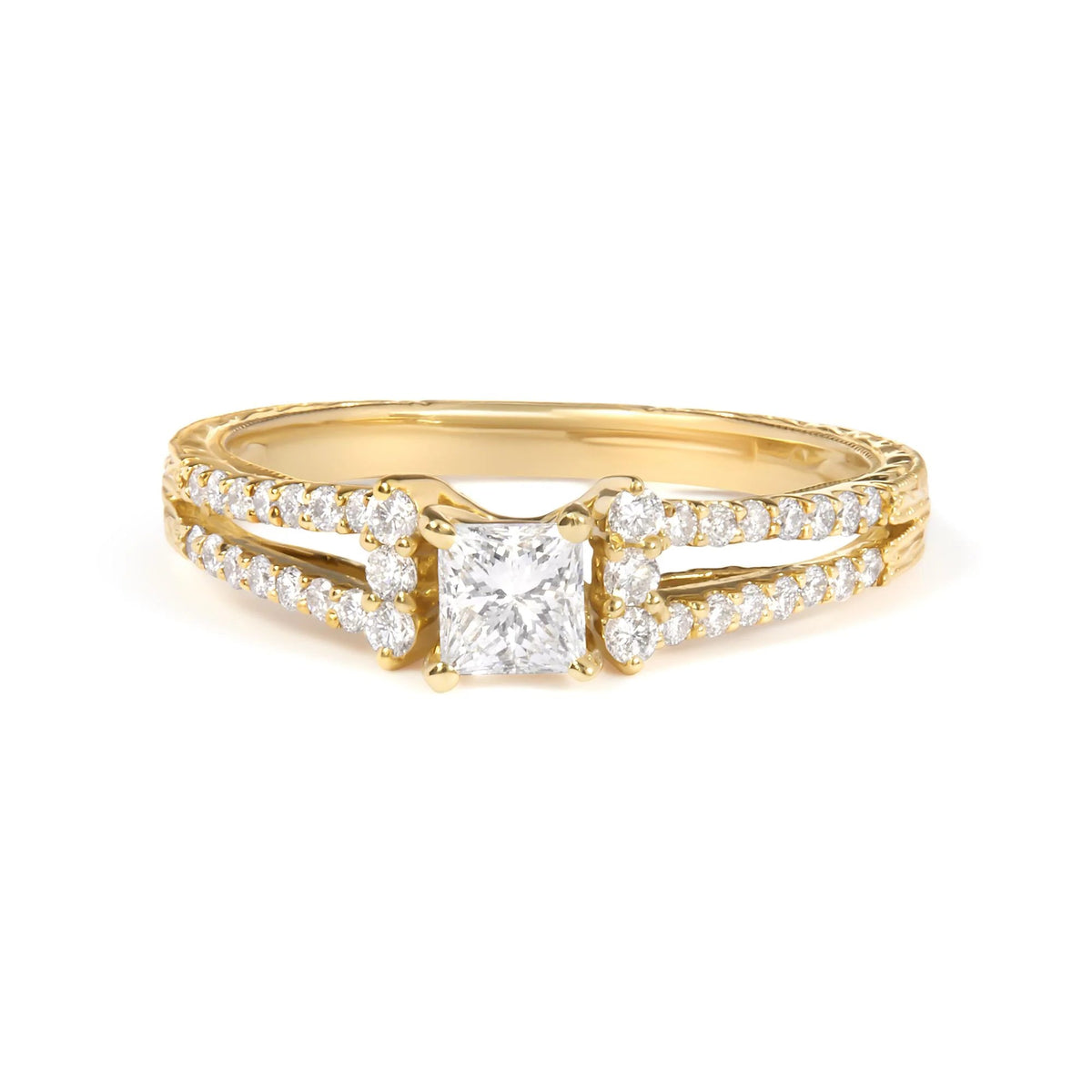 14K Yellow Gold Diamond 5/8 Cttw Princess Diamond Split Shank and Milgrain Engagement Ring (G - H Color, VS2 - SI1 Clarity) - Size 7 - LinkagejewelrydesignLinkagejewelrydesign