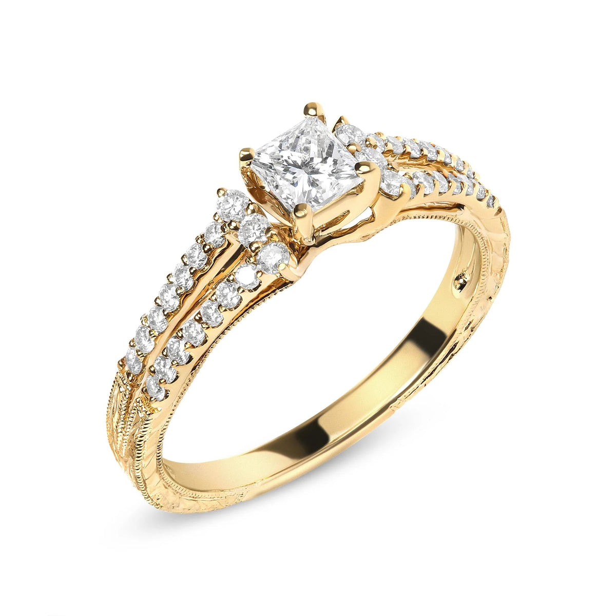 14K Yellow Gold Diamond 5/8 Cttw Princess Diamond Split Shank and Milgrain Engagement Ring (G - H Color, VS2 - SI1 Clarity) - Size 7 - LinkagejewelrydesignLinkagejewelrydesign