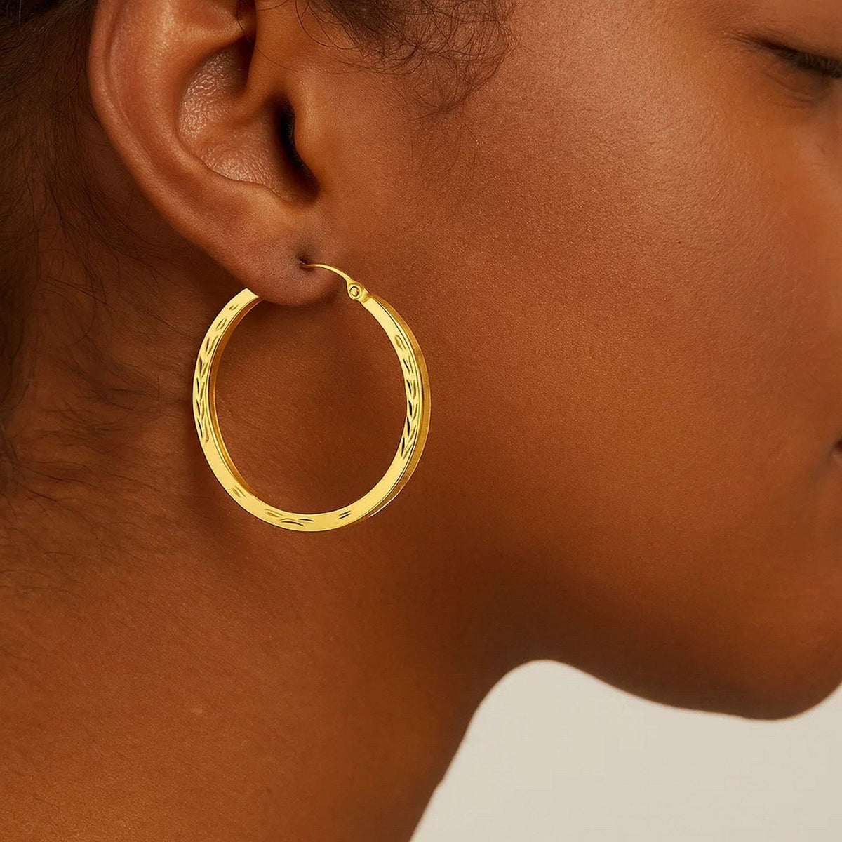14k Yellow Gold Diamond Cut Hoop Earrings(2x35mm) - LinkagejewelrydesignLinkagejewelrydesign