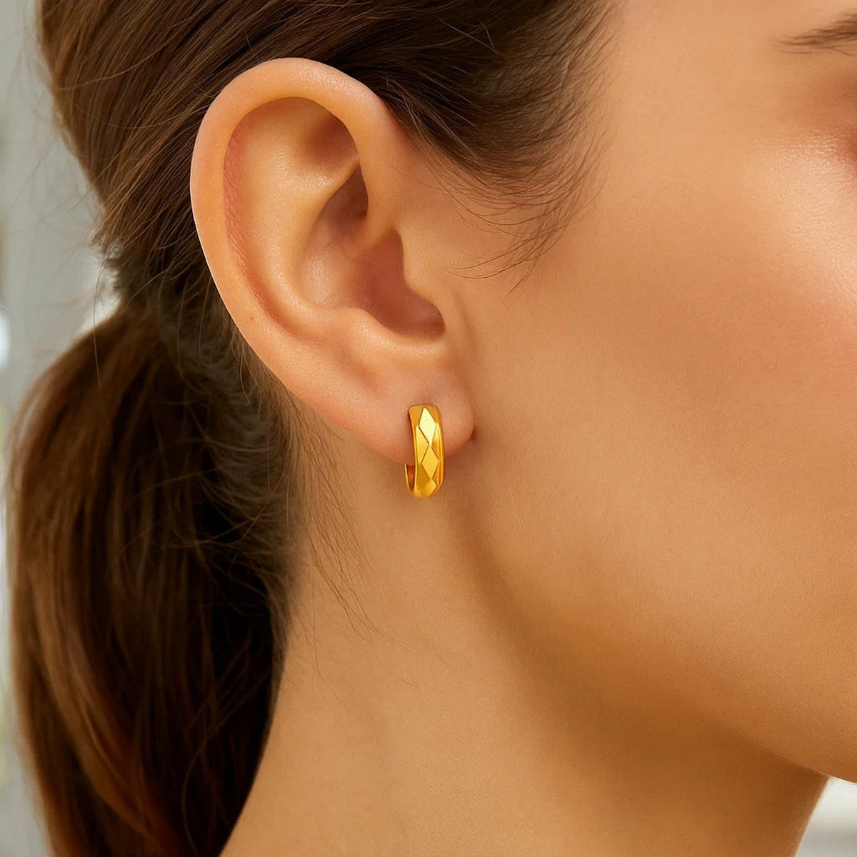 14K Yellow Gold Diamond Motif Faceted Huggie Earrings - LinkagejewelrydesignLinkagejewelrydesign