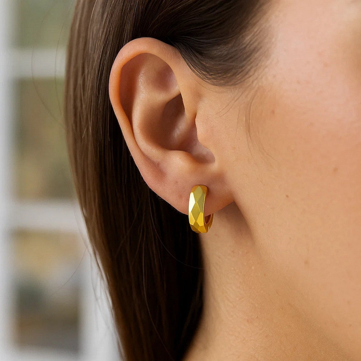 14K Yellow Gold Diamond Motif Faceted Huggie Earrings - LinkagejewelrydesignLinkagejewelrydesign