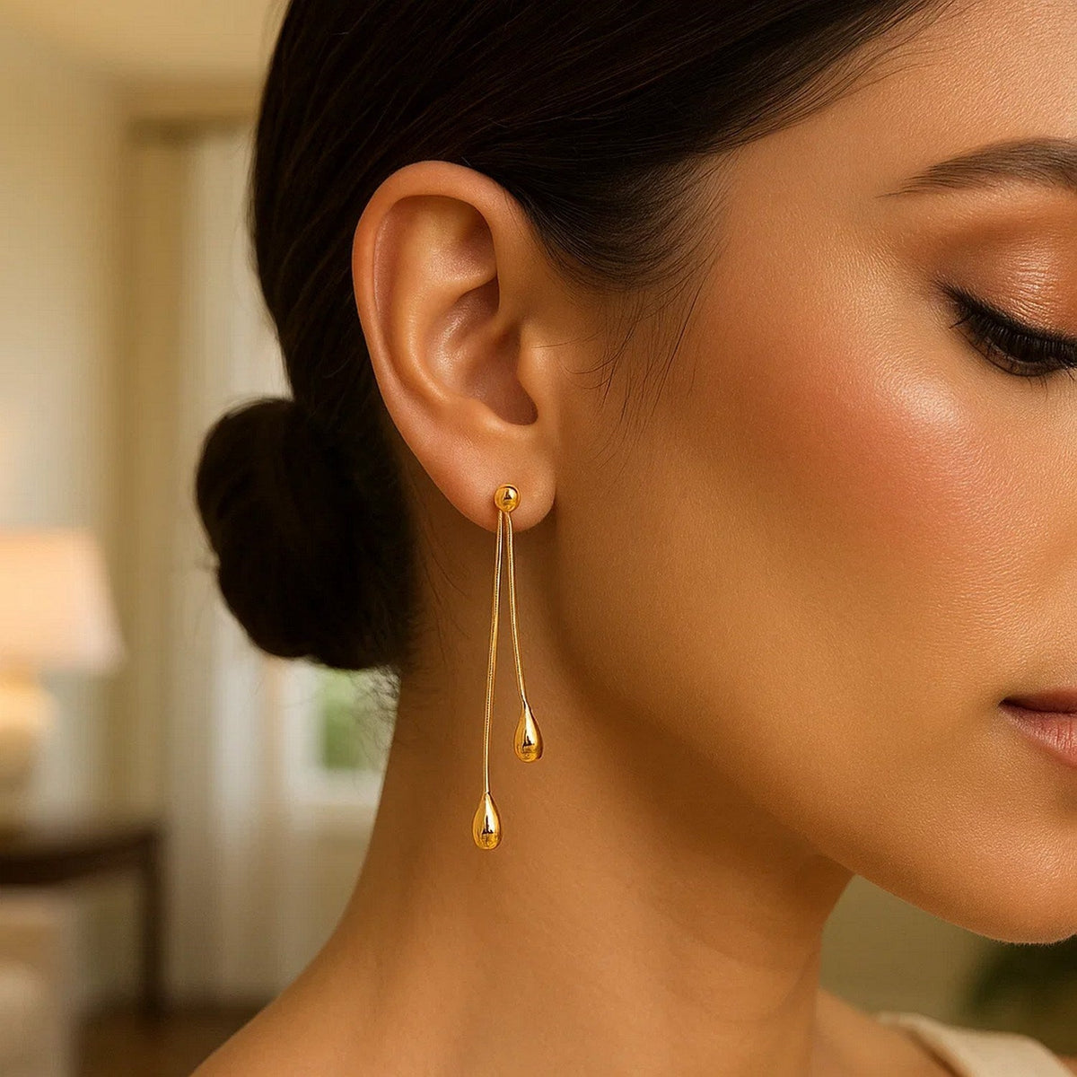 14k Yellow Gold Double Drop Long Earrings - LinkagejewelrydesignLinkagejewelrydesign