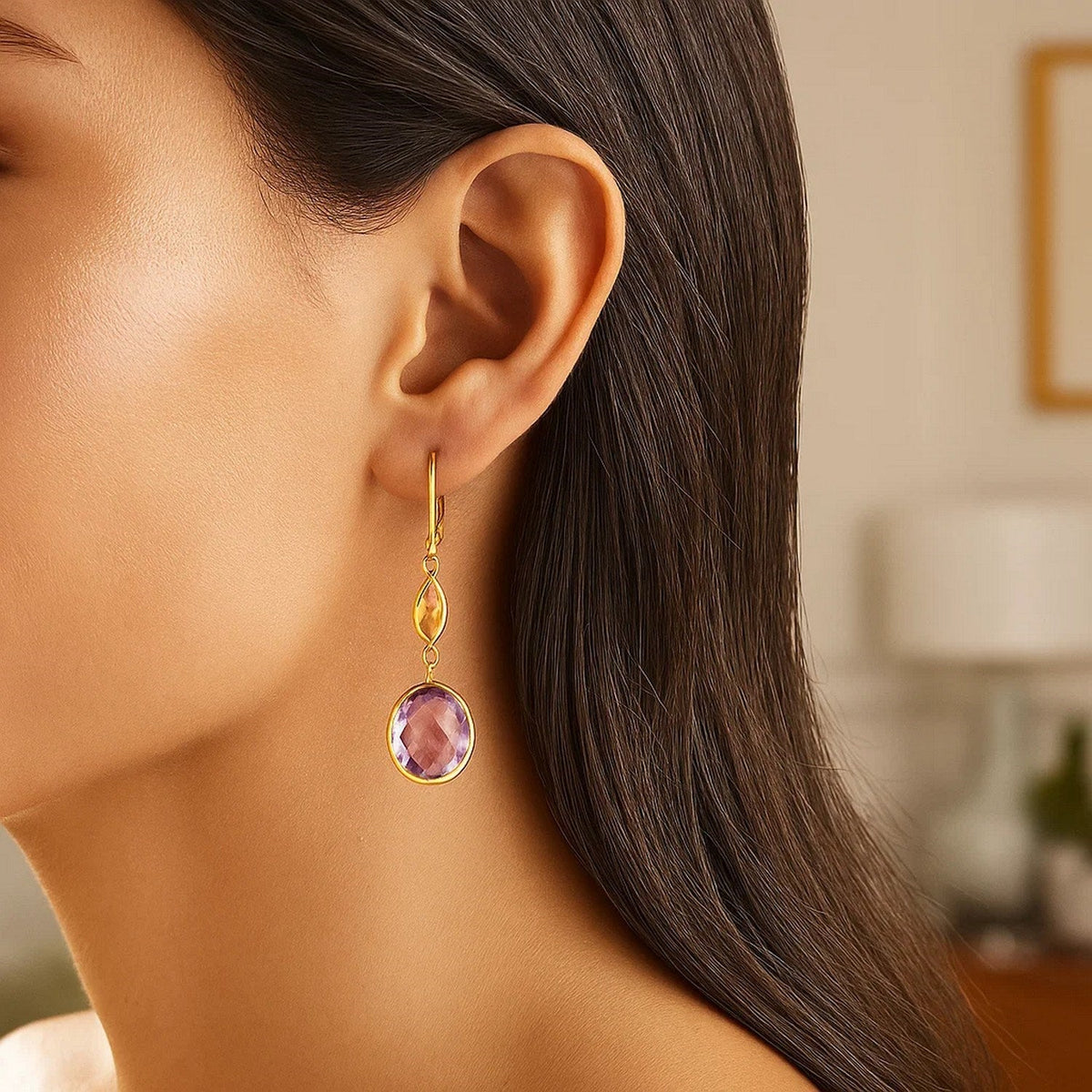 14k Yellow Gold Drop Earrings with Citrine and Amethyst Briolettes - LinkagejewelrydesignLinkagejewelrydesign