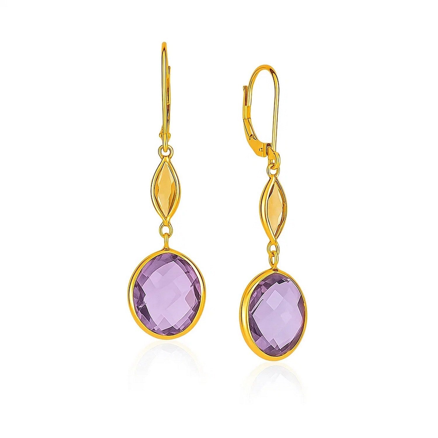 14k Yellow Gold Drop Earrings with Citrine and Amethyst Briolettes - LinkagejewelrydesignLinkagejewelrydesign
