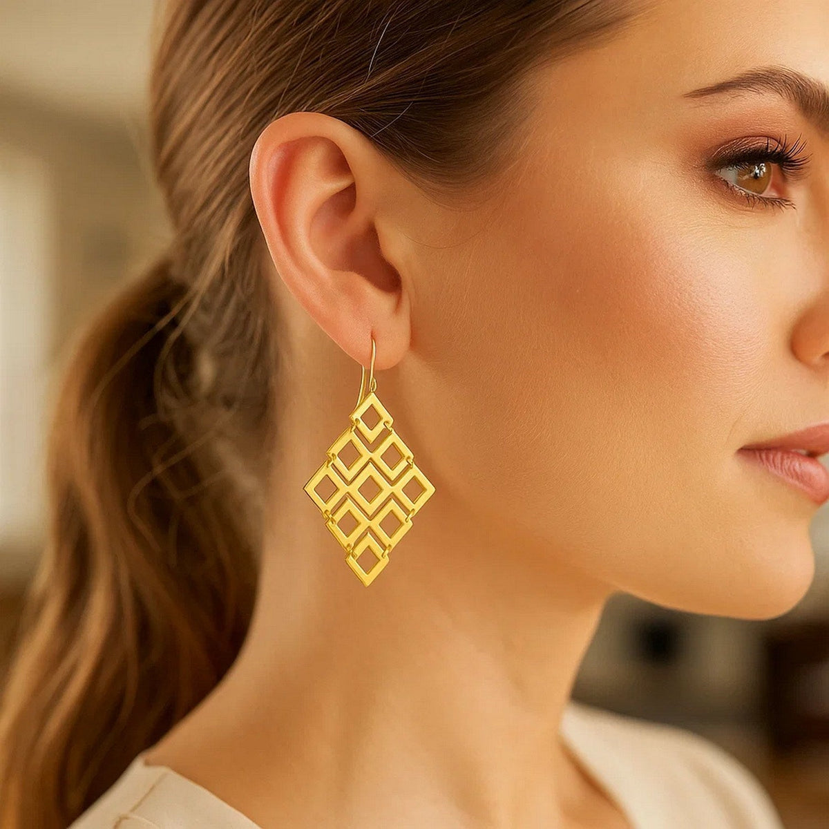 14k Yellow Gold Earrings with Polished Open Diamond Motifs - LinkagejewelrydesignLinkagejewelrydesign