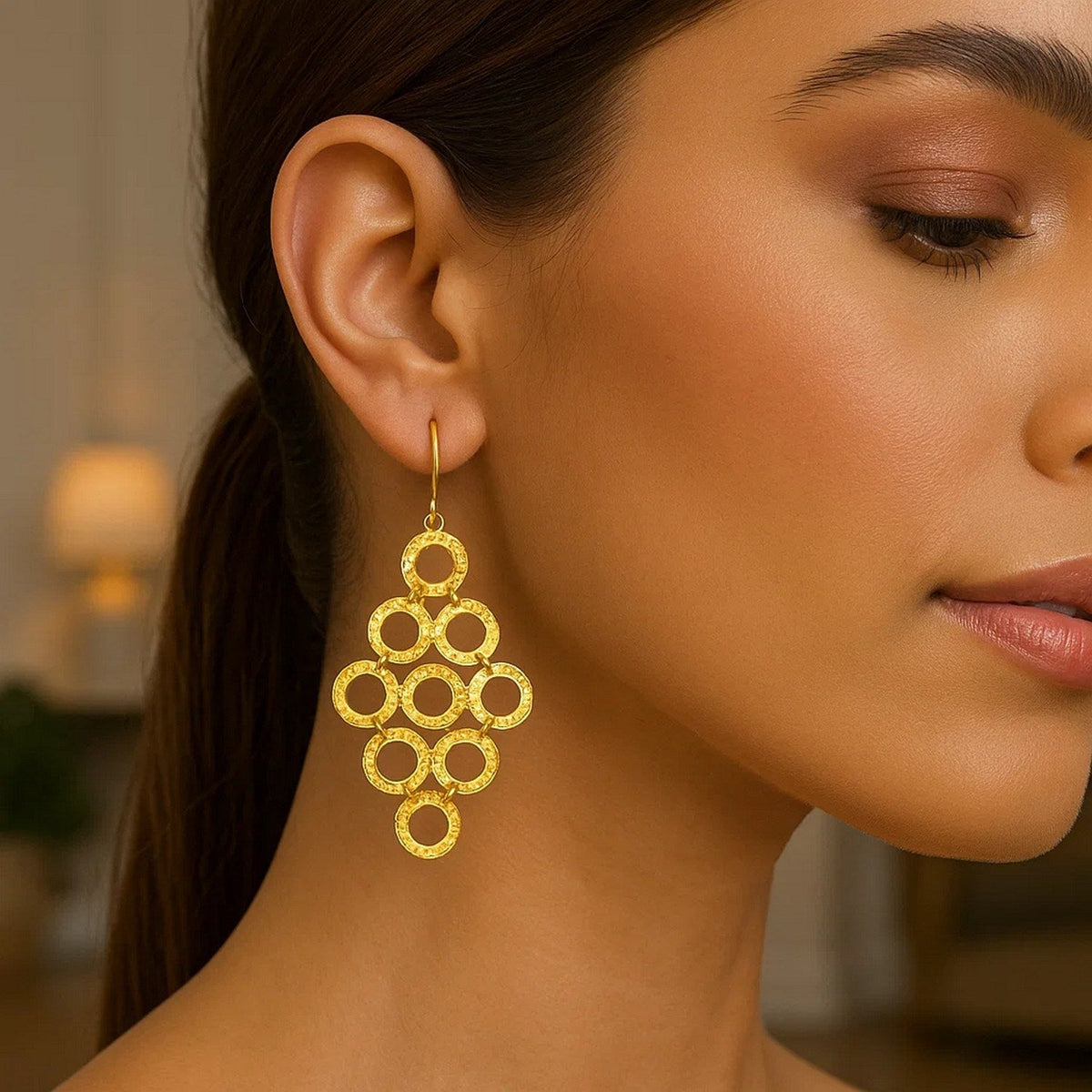 14k Yellow Gold Earrings with Textured Open Circle Motifs - LinkagejewelrydesignLinkagejewelrydesign