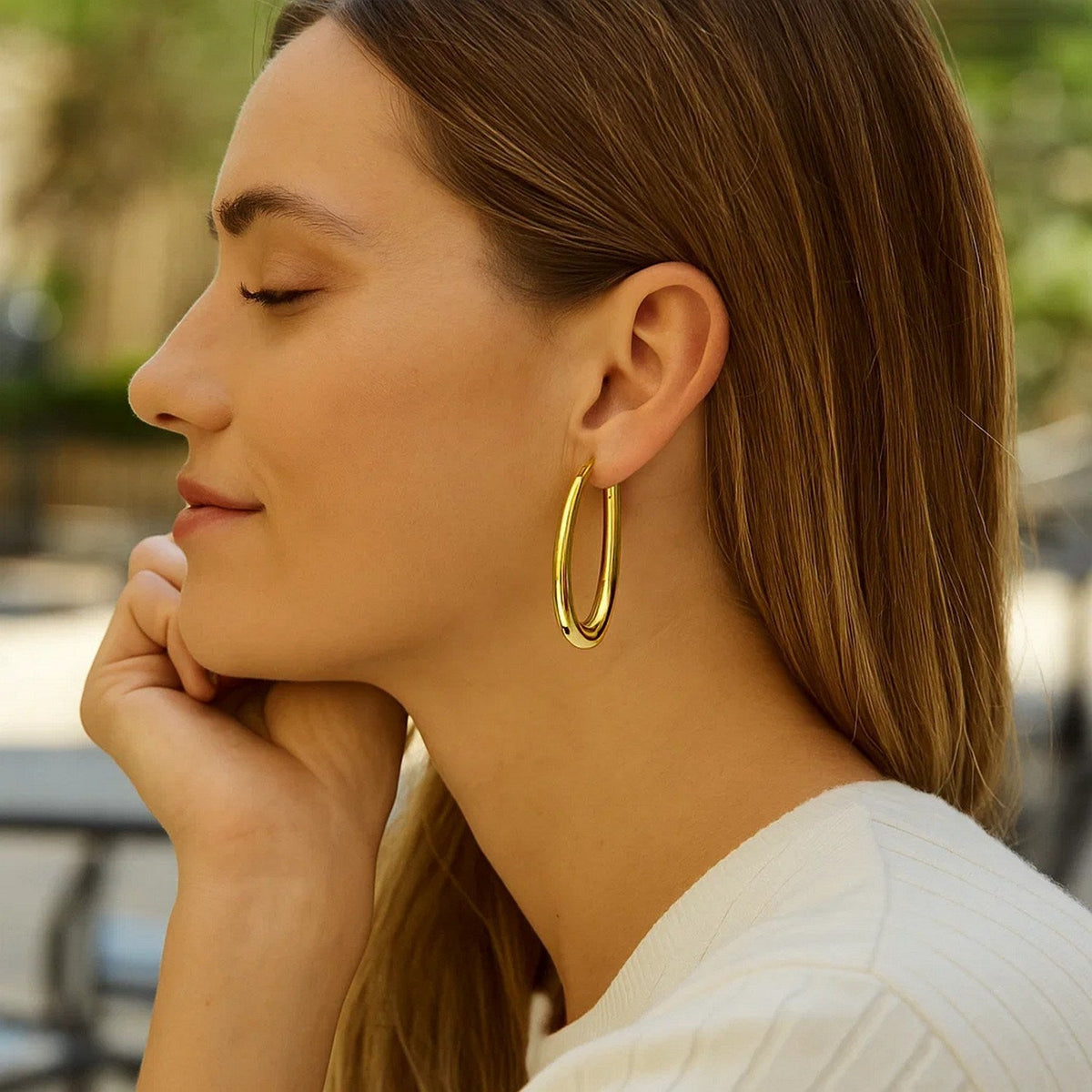 14k Yellow Gold Elongated Oval Hoops - LinkagejewelrydesignLinkagejewelrydesign