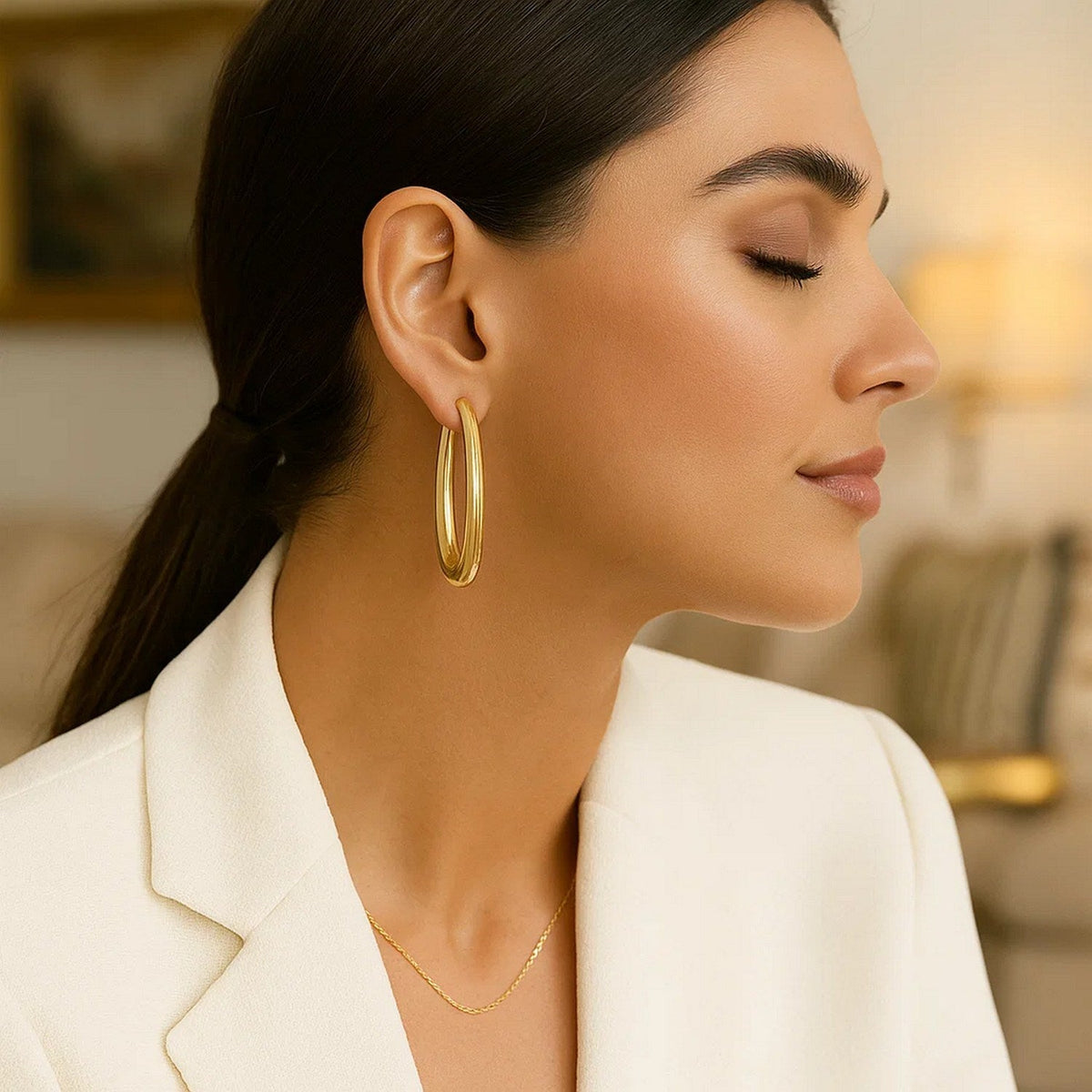 14k Yellow Gold Elongated Oval Hoops - LinkagejewelrydesignLinkagejewelrydesign