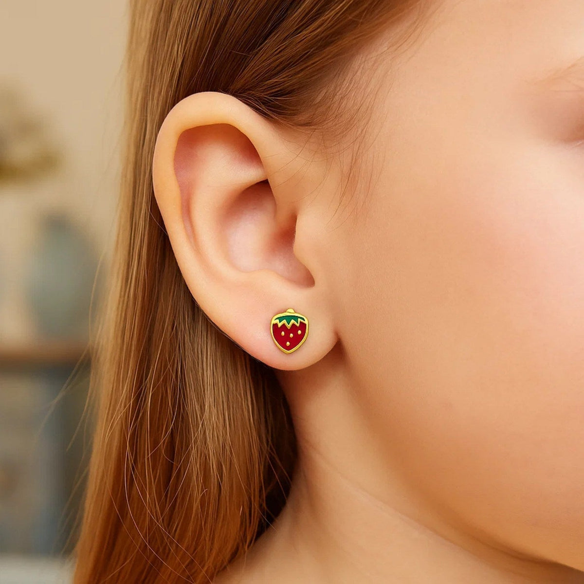 14k Yellow Gold Enameled Strawberry Childrens Earrings - LinkagejewelrydesignLinkagejewelrydesign