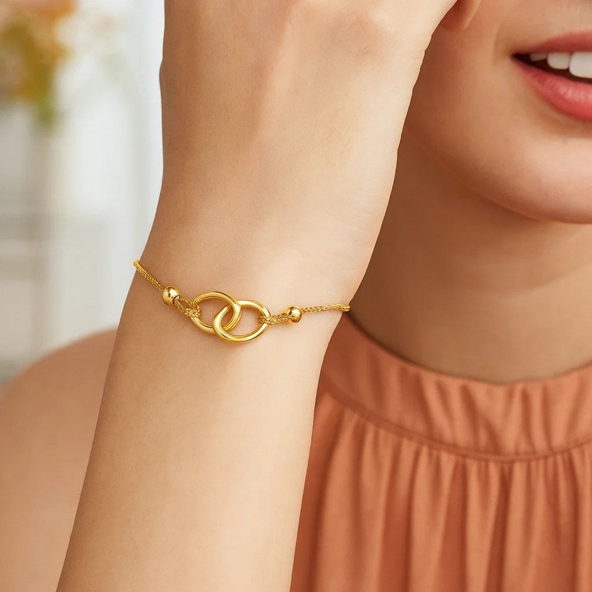 14k Yellow Gold Entwined Rings Adjustable Lariat Style Bracelet - LinkagejewelrydesignLinkagejewelrydesign