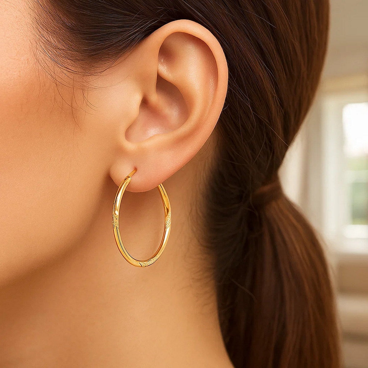 14k Yellow Gold Fancy Diamond Cut Slender Large Hoop Earrings (30mm Diameter) - LinkagejewelrydesignLinkagejewelrydesign