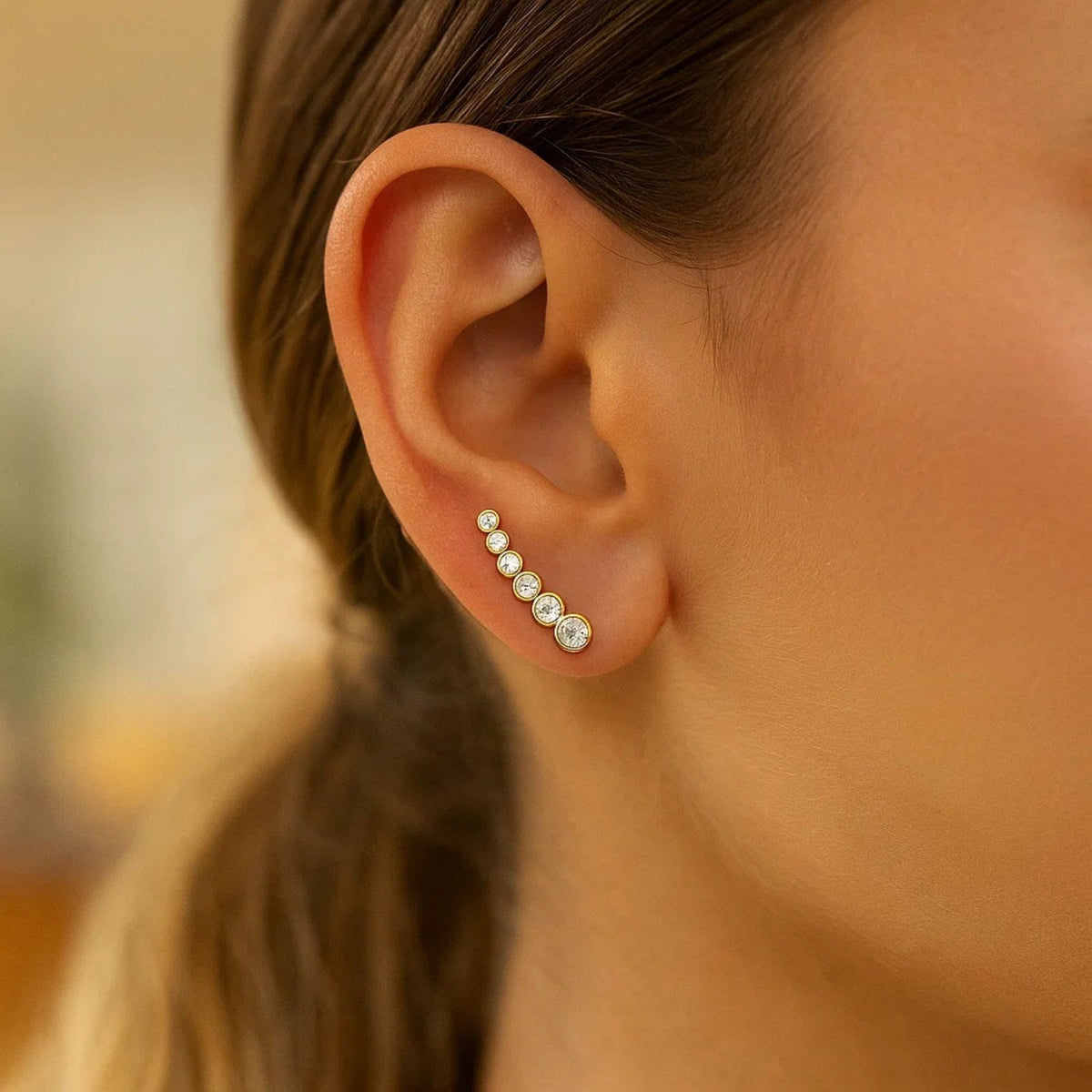 14k Yellow Gold Graduated Circles Climber Post Earrings with Cubic Zirconias - LinkagejewelrydesignLinkagejewelrydesign