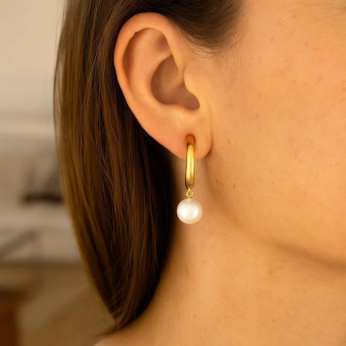 14k Yellow Gold Half Hoop Earrings with Pearls - LinkagejewelrydesignLinkagejewelrydesign