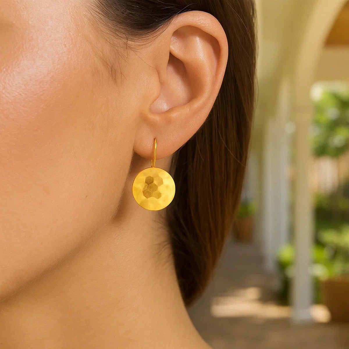 14k Yellow Gold Hammered Texture Disc Drop Earrings Medium - LinkagejewelrydesignLinkagejewelrydesign