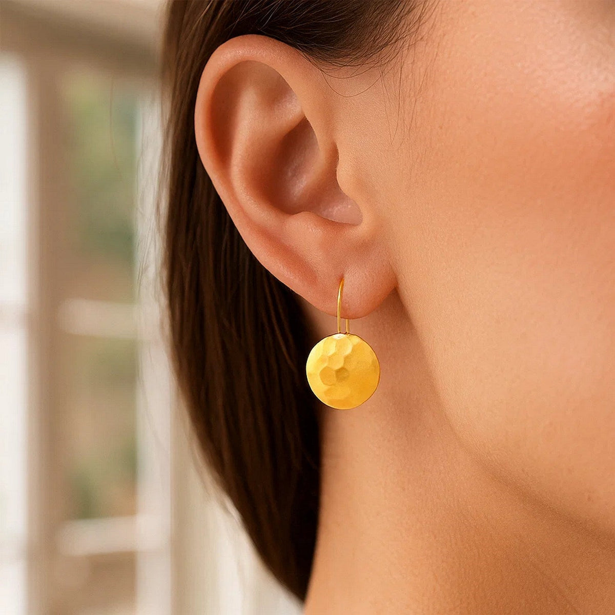 14k Yellow Gold Hammered Texture Disc Drop Earrings Medium - LinkagejewelrydesignLinkagejewelrydesign