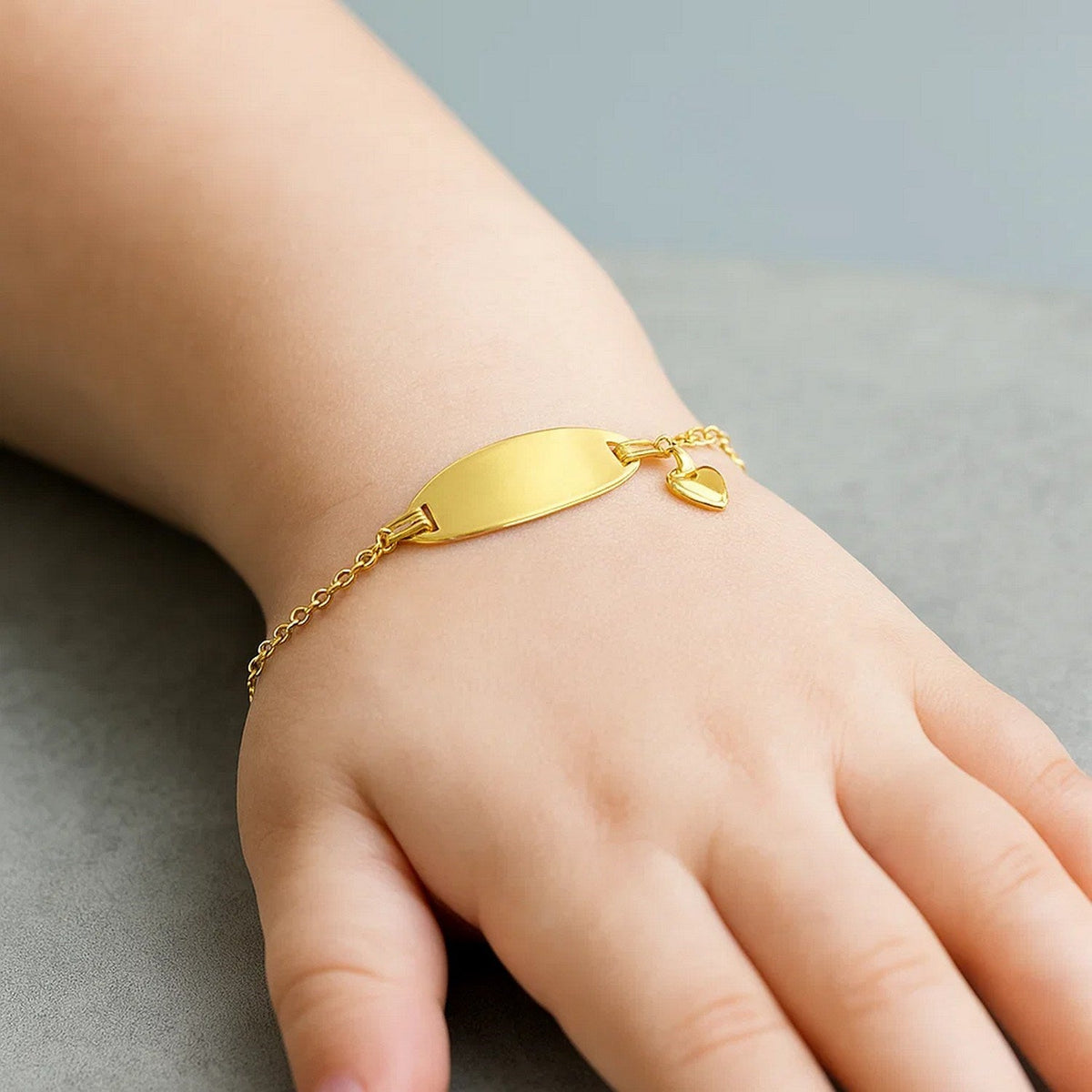 14k Yellow Gold Heart Accented Childrens Cable Chain ID Bracelet (6.35 mm) - LinkagejewelrydesignLinkagejewelrydesign