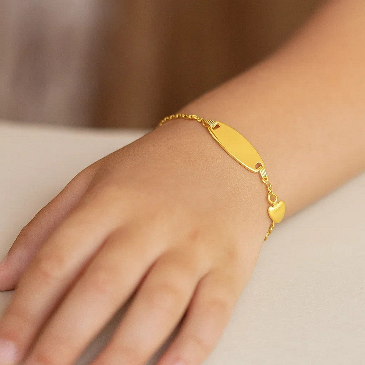 14k Yellow Gold Heart Accented Childrens Cable Chain ID Bracelet (6.35 mm) - LinkagejewelrydesignLinkagejewelrydesign