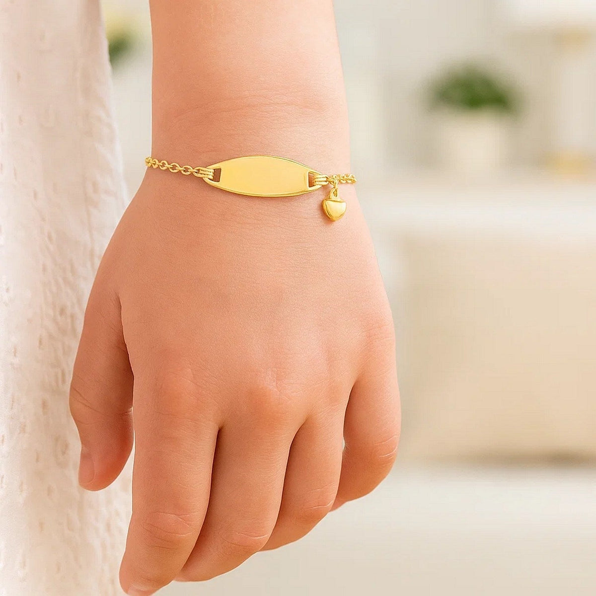 14k Yellow Gold Heart Accented Childrens Cable Chain ID Bracelet (6.35 mm) - LinkagejewelrydesignLinkagejewelrydesign