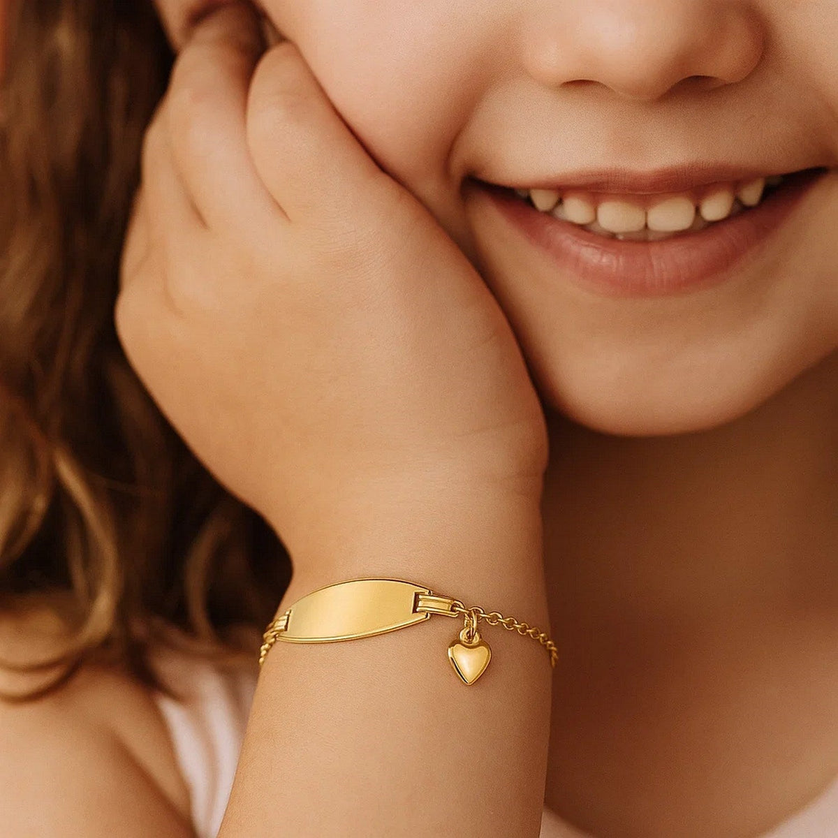 14k Yellow Gold Heart Accented Childrens Cable Chain ID Bracelet (6.35 mm) - LinkagejewelrydesignLinkagejewelrydesign