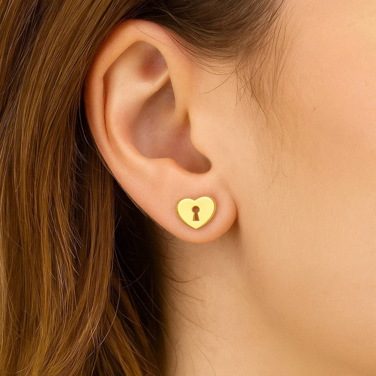 14k Yellow Gold Heart Padlock Stud Earrings - LinkagejewelrydesignLinkagejewelrydesign