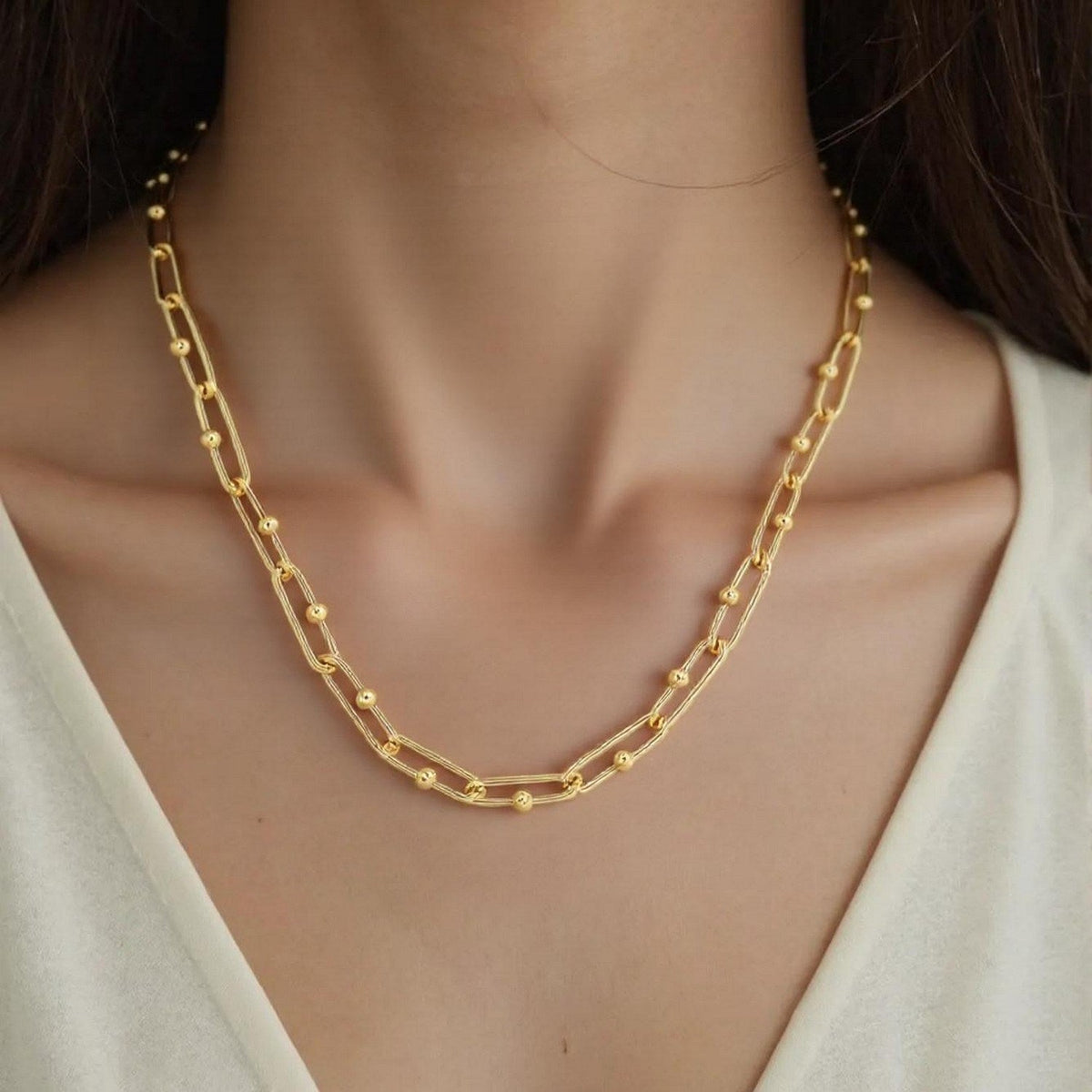 14k Yellow Gold High Polish Elongated Paperclip Jax Link Necklace - LinkagejewelrydesignLinkagejewelrydesign