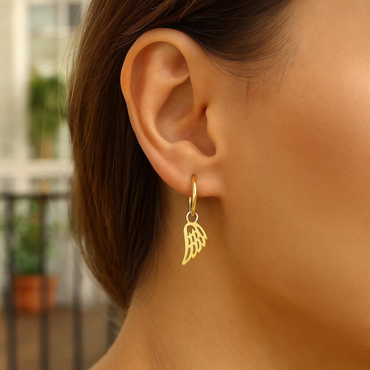 14K Yellow Gold Hoop Earrings with Angel Wings - LinkagejewelrydesignLinkagejewelrydesign
