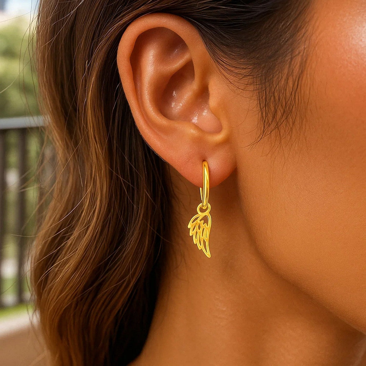 14K Yellow Gold Hoop Earrings with Angel Wings - LinkagejewelrydesignLinkagejewelrydesign
