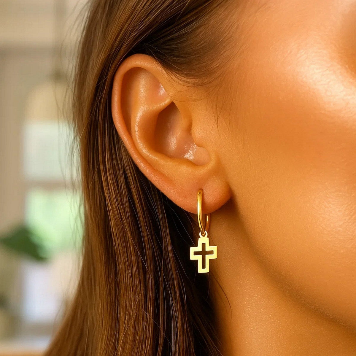 14K Yellow Gold Hoop Polished Earrings with Crosses - LinkagejewelrydesignLinkagejewelrydesign