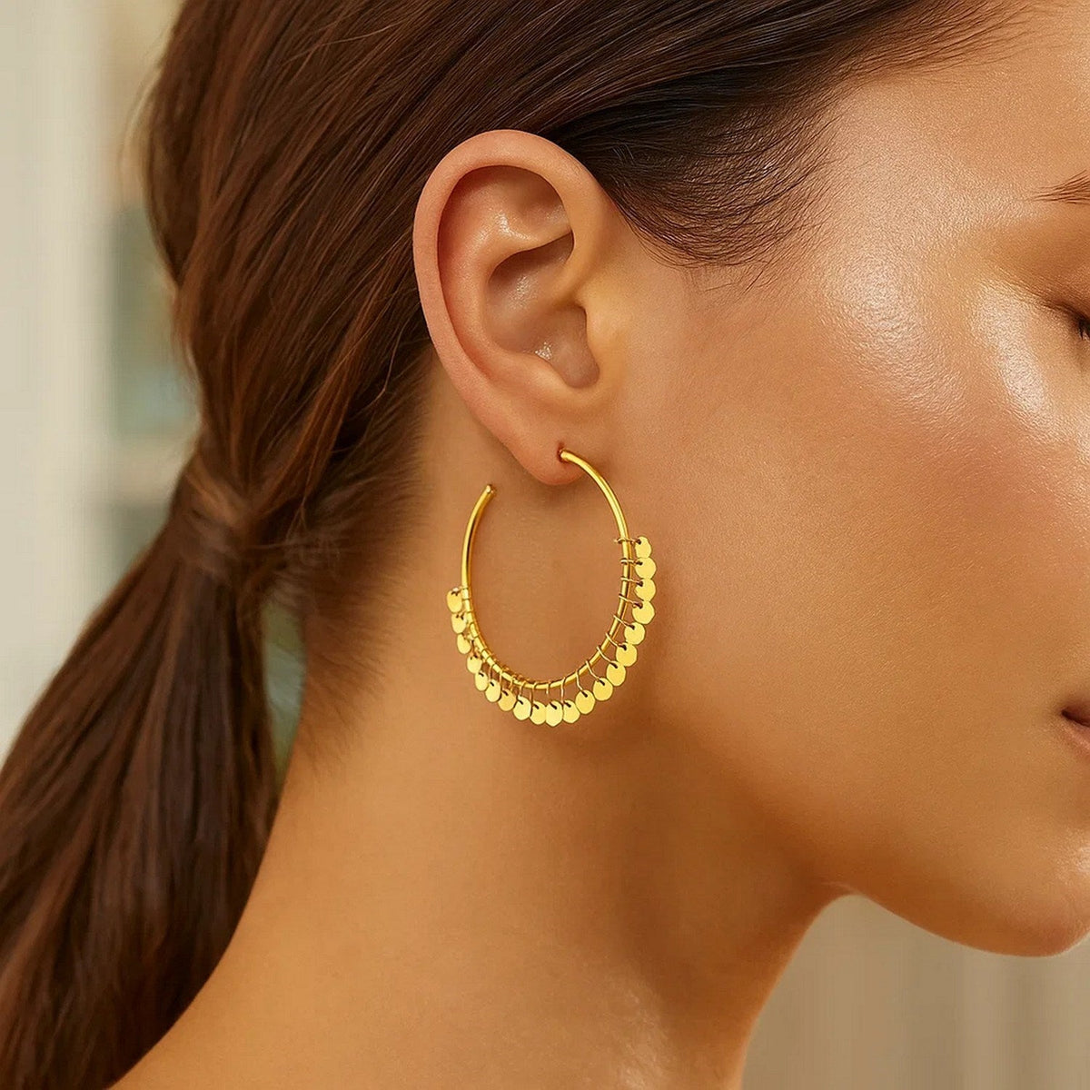 14k Yellow Gold Hoop Style Earrings with Dangling Sequins - LinkagejewelrydesignLinkagejewelrydesign