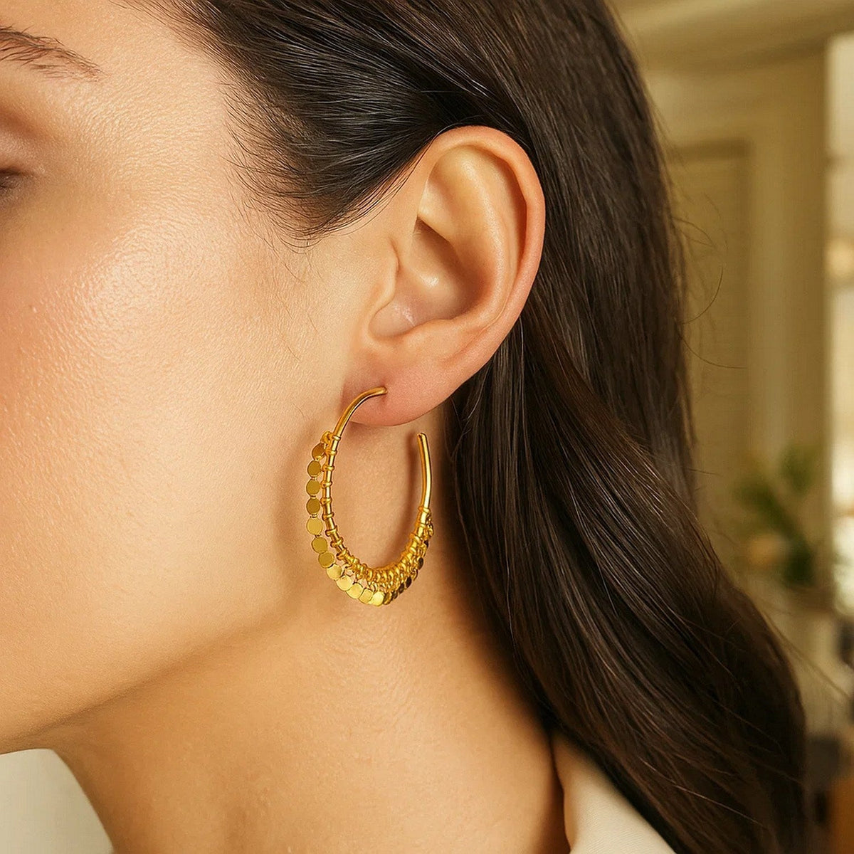14k Yellow Gold Hoop Style Earrings with Dangling Sequins - LinkagejewelrydesignLinkagejewelrydesign